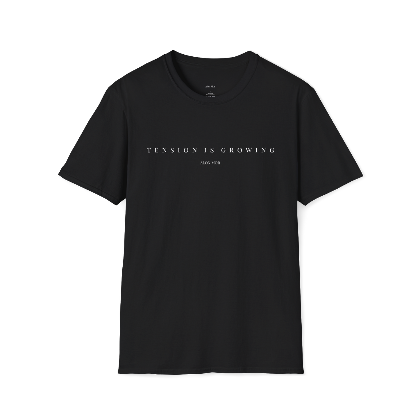 Tension T-shirt in black featuring the “Tension Is Growing” design associated with Alon Mor, front view.