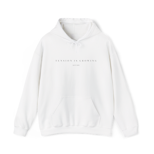 Tension hoodie in white featuring the “Tension Is Growing” design associated with Alon Mor, front view.